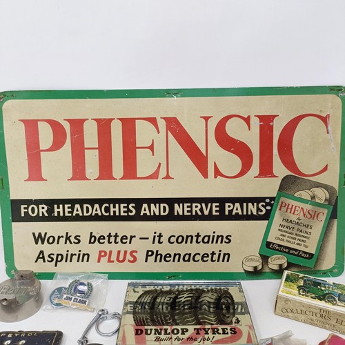 1118 - A Phensic (For Headaches and Nerve Pains) metal sign, 18 x 33 cm, a vintage Dunlop Tyres Built For T... 