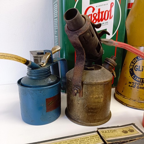 1168 - A Redline-Glico Motor Oils and Greases oil pourer, 24 cm high, other oil cans and items (box)