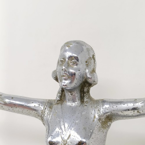 1218 - A large chrome plated figure, of a lady with outstretched hands, mounted on a radiator cap, 31 cm hi... 