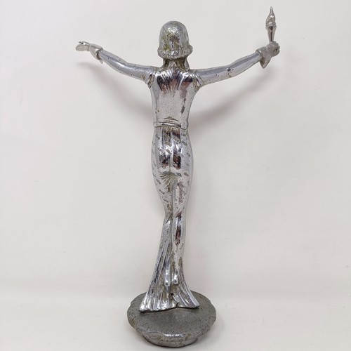 1218 - A large chrome plated figure, of a lady with outstretched hands, mounted on a radiator cap, 31 cm hi... 