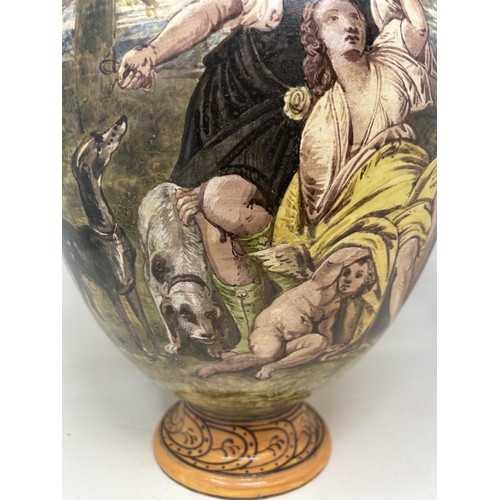 1514 - An unusual Wedgwood pottery vase, painted Italianate style figures, by Emile Lessore, signed, handle... 