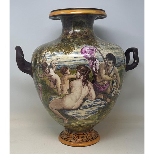 1514 - An unusual Wedgwood pottery vase, painted Italianate style figures, by Emile Lessore, signed, handle... 