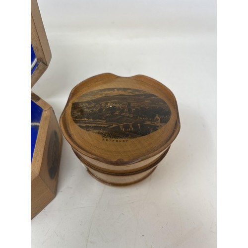 1515 - A 19th century mahogany cheese coaster, and four pieces of Mauchline ware (5)