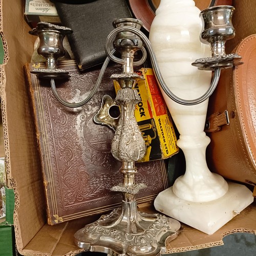 1535 - A silver plated candelabrum, and assorted other items (box)