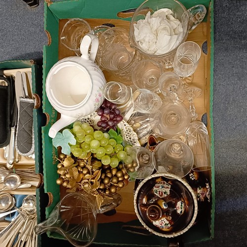 1546 - Assorted silver plated flatware, glassware and other items (4 boxes)