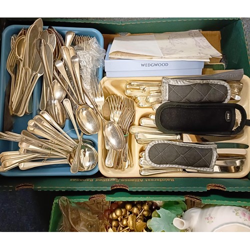 1546 - Assorted silver plated flatware, glassware and other items (4 boxes)