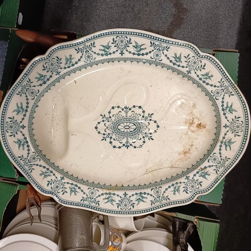 1552 - A blue and white oval meat plate, with a gravy well, other ceramics and glassware (4 boxes)