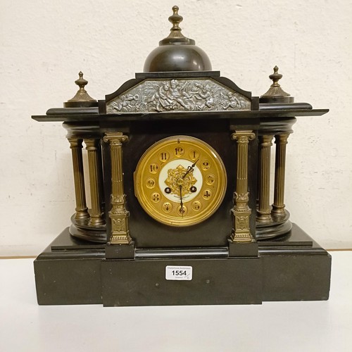 1554 - A mantel clock, in a slate case, 45 cm wide, and a wall clock in a mahogany case (2)