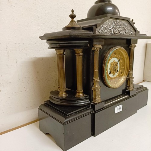 1554 - A mantel clock, in a slate case, 45 cm wide, and a wall clock in a mahogany case (2)