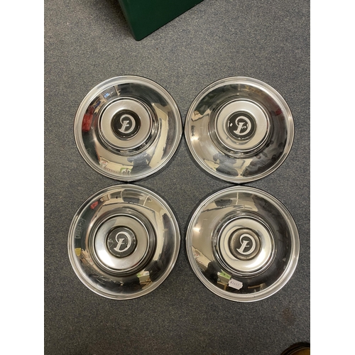 1228 - A set of four chrome hub caps from a Daimler SP250, assorted tools and other items (2 boxes)