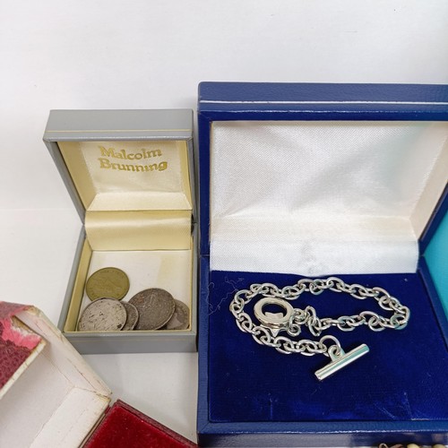 1599 - A Tiffany & Co perfume bottle, boxed, assorted costume jewellery and coins (box)