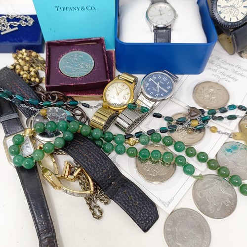 1599 - A Tiffany & Co perfume bottle, boxed, assorted costume jewellery and coins (box)