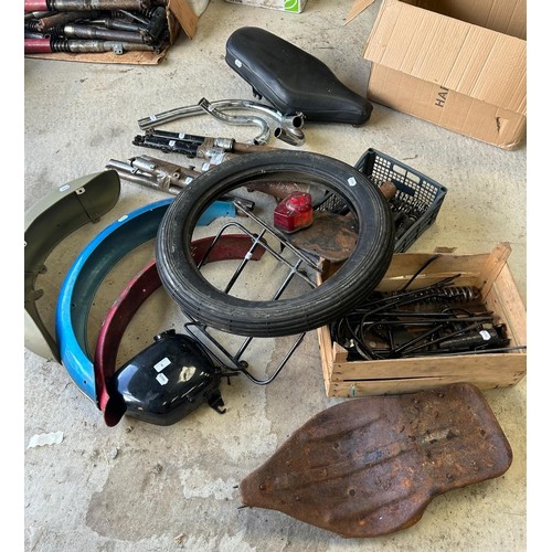 8 - Three mud guards, a seat, mud guard stays, and other assorted items (qty)...