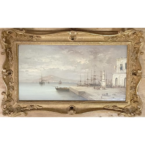 227 - Ferdinand Bonheur (French 1817-1887), an Italian harbour scene, oil on board, signed, 20 x 39 cm