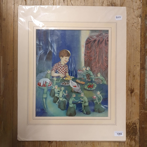 1545 - Daphne Rowles, a book illustration, a young boy having tea with the elves, gouache, signed, 37 x 31 ... 