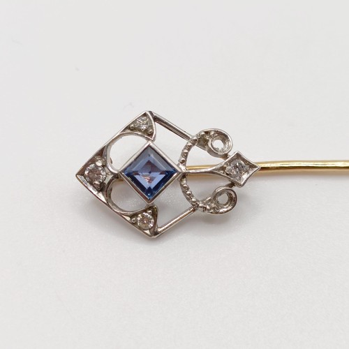 570 - A silver coloured metal, yellow metal, sapphire and diamond stick pin  Provenance:  From a single ow... 