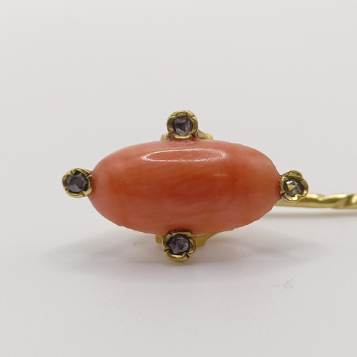 521 - A 20th century yellow metal, coral and white stone stick pin
Provenance:  From a single owner collec... 