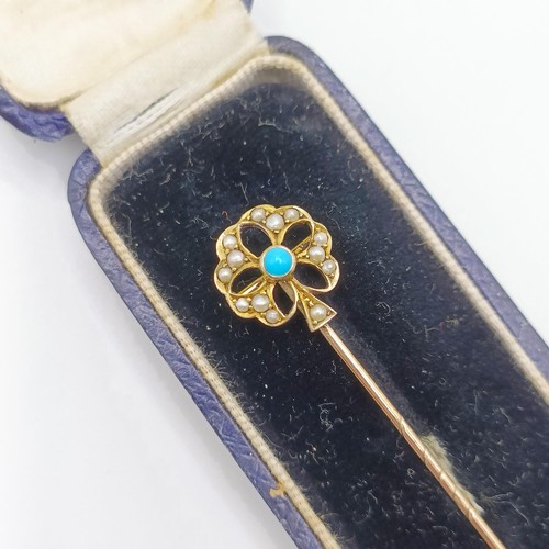 510 - An early 20th century turquoise and seed pearl stick pin, in a vintage jewellery box  Provenance:  F... 