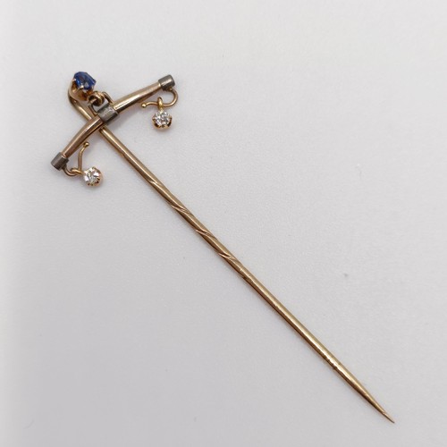 659 - A 20th century yellow coloured metal, sapphire and diamond stick pin  Provenance:  From a single own... 