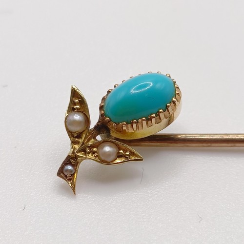 644 - A late 19th/early 20th century yellow coloured metal, turquoise and seed pearl stick pin Provenance:... 