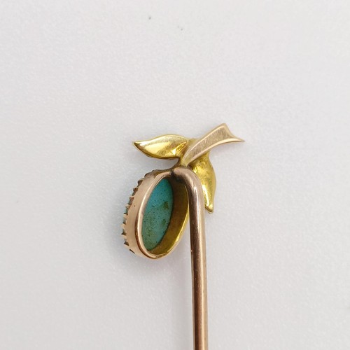 644 - A late 19th/early 20th century yellow coloured metal, turquoise and seed pearl stick pin Provenance:... 