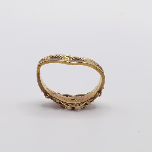 666 - An 18ct gold ring, ring size M, and a yellow metal and seed pearl ring, bent, all in 7.5 g