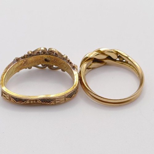 666 - An 18ct gold ring, ring size M, and a yellow metal and seed pearl ring, bent, all in 7.5 g