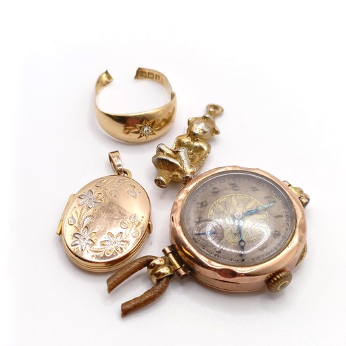 695 - A 9ct gold and diamond ring, cut, a 9ct ladies pocket watch, a yellow metal charm, and a yellow meta... 