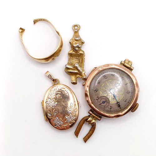 695 - A 9ct gold and diamond ring, cut, a 9ct ladies pocket watch, a yellow metal charm, and a yellow meta... 