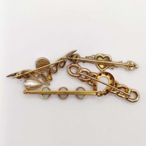 728 - A yellow metal and opal bar brooch, and three other bar brooches (4)