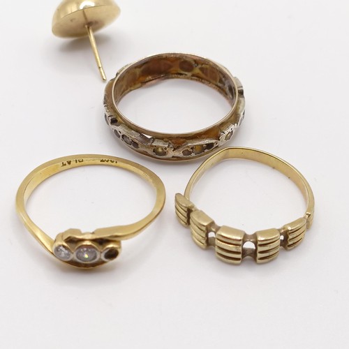 737 - A 14ct gold and diamond ring, lacking one stone, ring size P, three other rings, and a pin (5)