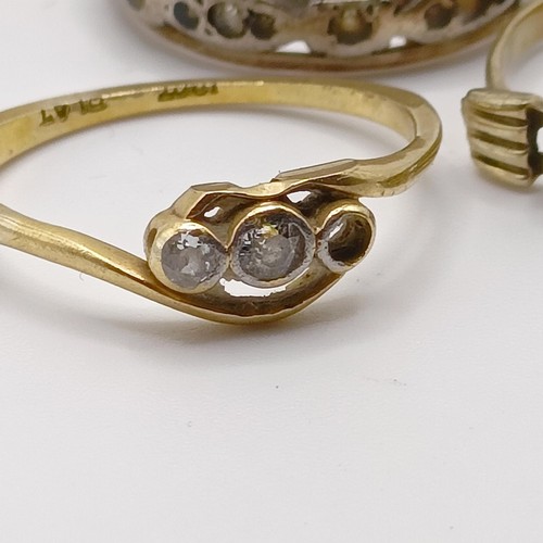 737 - A 14ct gold and diamond ring, lacking one stone, ring size P, three other rings, and a pin (5)