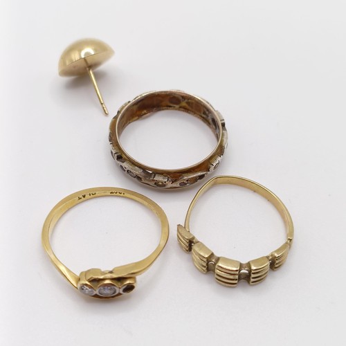 737 - A 14ct gold and diamond ring, lacking one stone, ring size P, three other rings, and a pin (5)