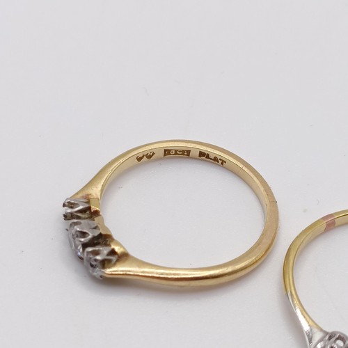 739 - A 18ct gold and diamond ring, missing one stone, ring size L, and another, missing one stone, ring s... 