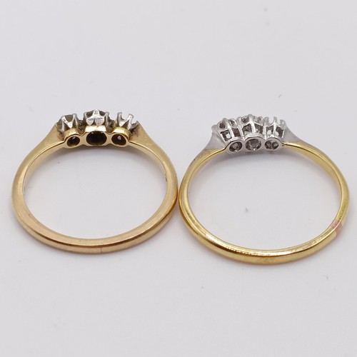 739 - A 18ct gold and diamond ring, missing one stone, ring size L, and another, missing one stone, ring s... 