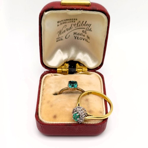 937 - An 18ct gold, emerald and diamond cluster ring, ring size M, and a dress ring, in a vintage jeweller... 