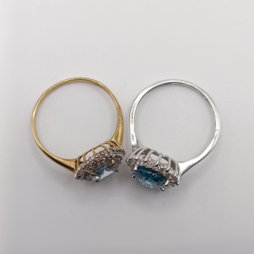 925 - A 9ct white gold blue stone ring, ring size S, and a 9ct gold blue stone and diamond ring, ring size... 