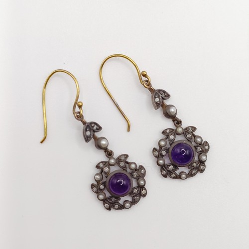 705 - A pair of 9ct yellow gold and silver Victorian style cabochon amethyst, diamonds and seed pearl drop... 