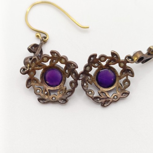 705 - A pair of 9ct yellow gold and silver Victorian style cabochon amethyst, diamonds and seed pearl drop... 