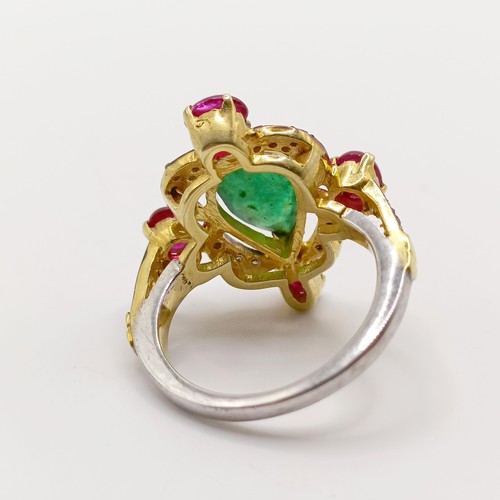 801 - A vintage style rose cut pear shaped emerald ring, with oval cabochon rubies and rose cut diamonds i... 