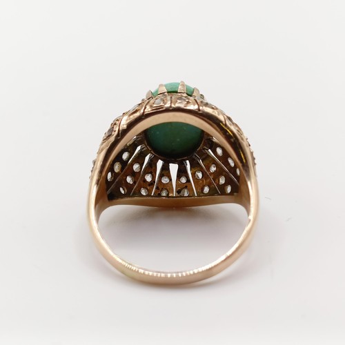 773 - A large high carat yellow gold vintage cocktail ring, set with a large turquoise and rose cut diamon... 