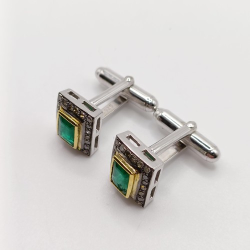 803 - A pair of rectangular emerald cut, emerald and rose cut diamond cufflinks