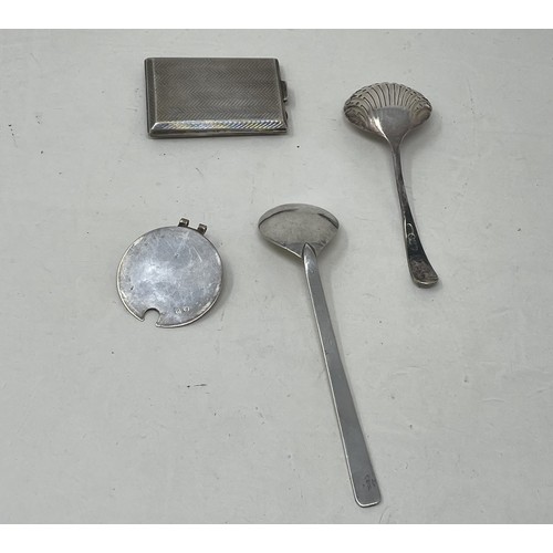 1202 - A silver cigarette case, two spoons and a lid, various dates and marks, 2.6 ozt Provenance:  Sold on... 