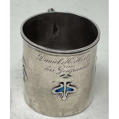 1266 - An Edward VII Art Nouveau style silver and blue enamel christening mug, inscribed, Birmingham 1906, ... 