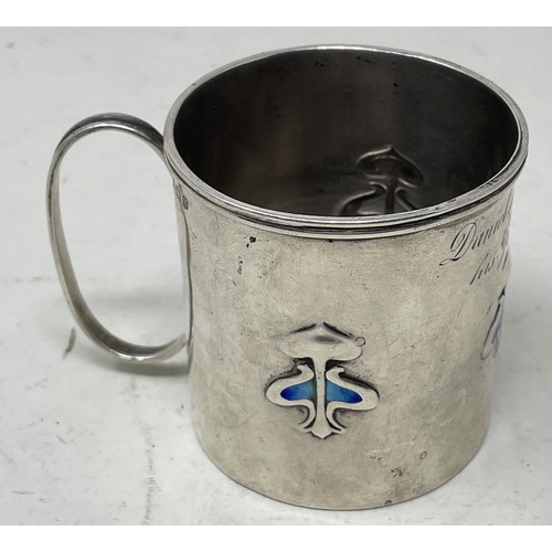 1266 - An Edward VII Art Nouveau style silver and blue enamel christening mug, inscribed, Birmingham 1906, ... 