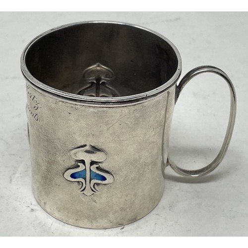 1266 - An Edward VII Art Nouveau style silver and blue enamel christening mug, inscribed, Birmingham 1906, ... 