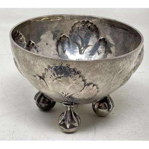 1313 - A rare Vienna Work Shops silver bowl, decorated stylised flowers, on ball feet, 156 g,  8 cm high