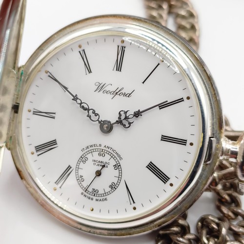 1021 - A silver hunter pocket watch, a silver Albert, and a watch box