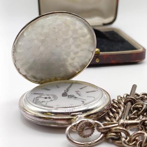 1021 - A silver hunter pocket watch, a silver Albert, and a watch box