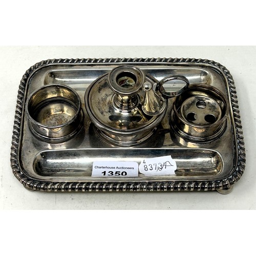 1350 - A George IV silver inkstand, with a taperstick, London 1824, lacking inkwells, 16.2 ozt 20 cm wide